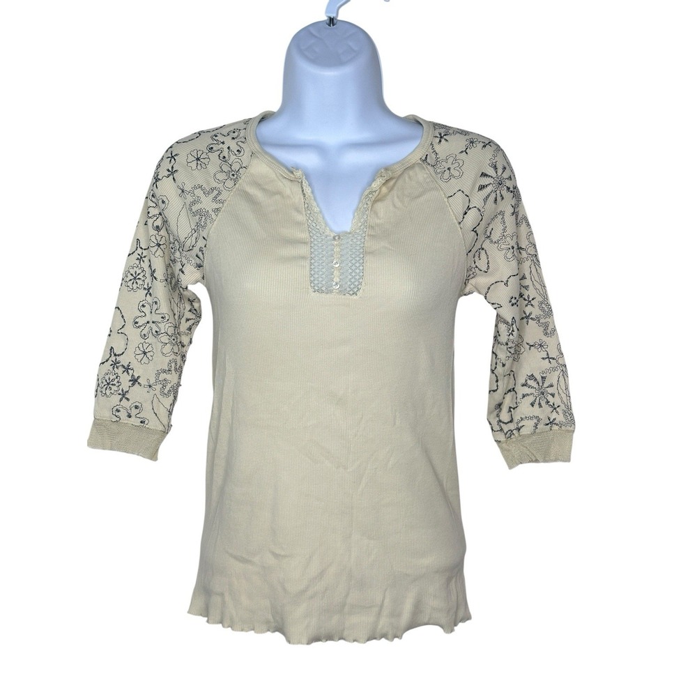 Vtg Embroidered Y2K Burning Torch Ribbed Henley Top Boho Embroidered MEDIUM M